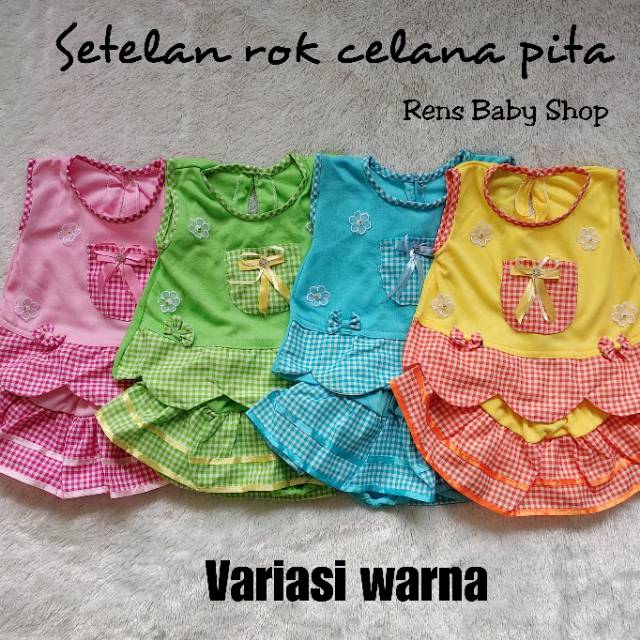 Popi setelan dress singlet rok celana saku pita bayi perempuan cewek