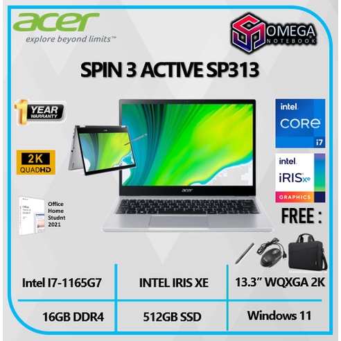 ACER SPIN 3 ACTIVE SP313 X360 Touch EVO I7 1165G7 16GB 512SSD IRISXE W11+OHS 13.3&quot;WQXGA 2K IPS + PEN - 51N.721M