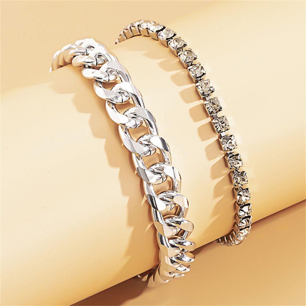 Lily 2Pcs/Set Gelang Kaki Berlian Gaya Baru Berlian Imitasi Mengkilap Adjustable Cuba Link