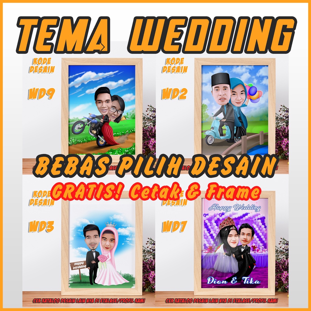 (CETAK DAN BINGKAI) Karikatur Wedding Karikatur Couple Karikatur Wajah / Kado Wedding Murah Kado Uni