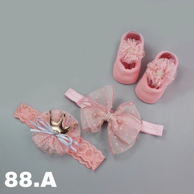 Bandana Bayi newborn rajut set sepatu Headband baby hairband shoes import lucu cute