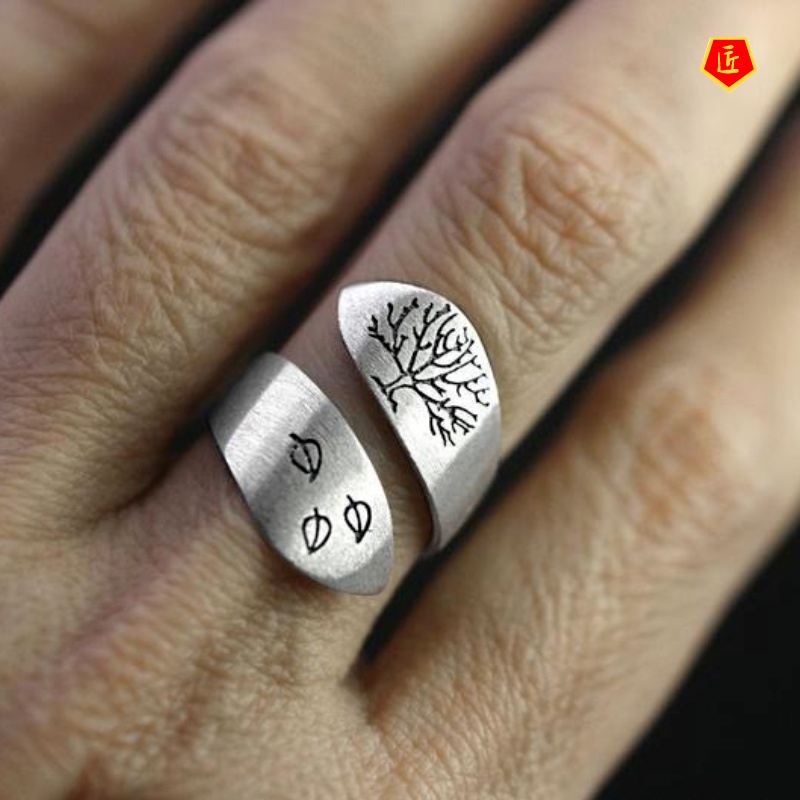 [Ready Stock]Retro Brushed Three Leaves Tree of Life Ring