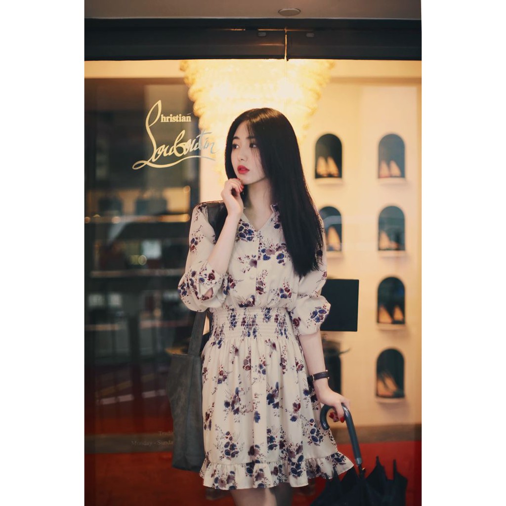 Dress Midi Lengan Panjang Model Longgar Motif Bunga Gaya Korea Bahan Sifon