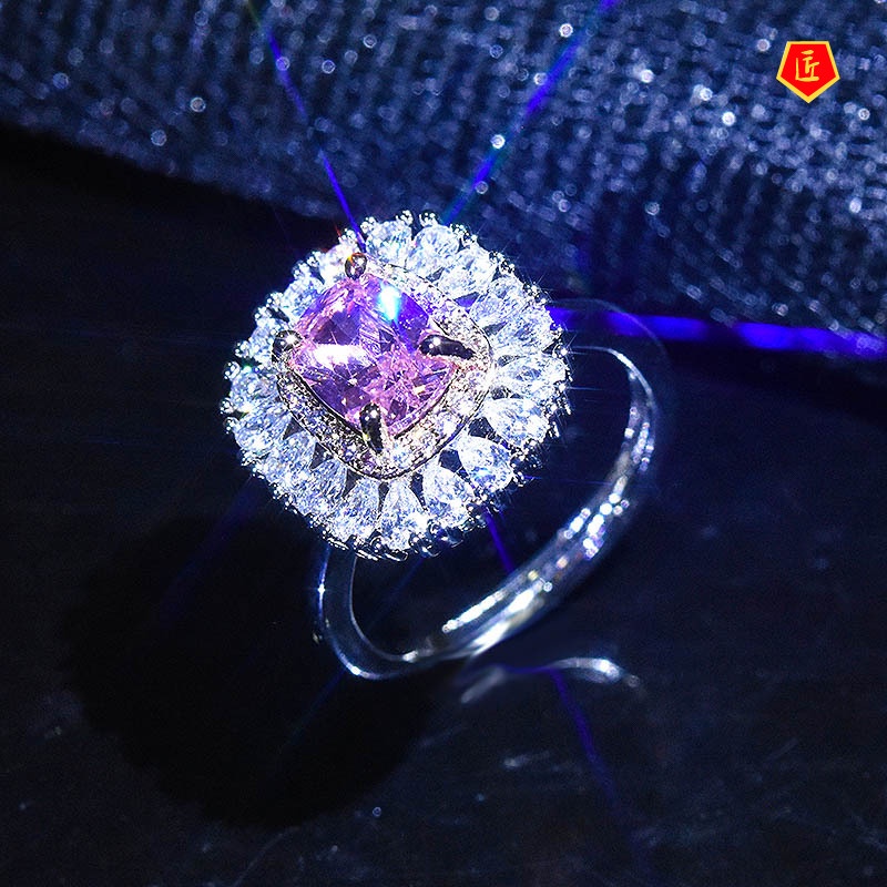 [Ready Stock]Fashion Yellow Diamond Ring Female Pink Crystal Luxury