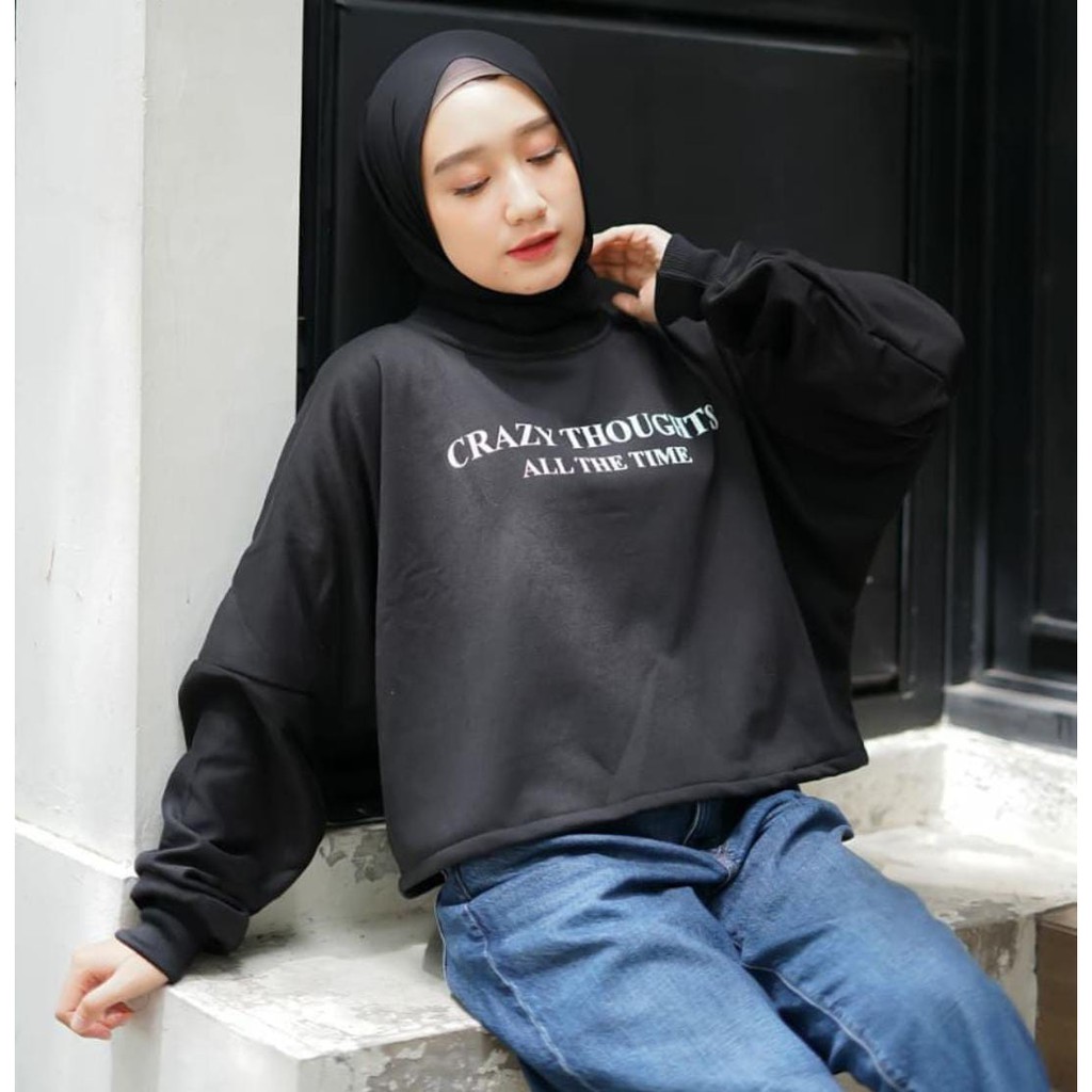 (REAL PICT) CRAZY THOUGHTS SWEATER WANITA BEST SELLING OVERSIZE BATWING Crop