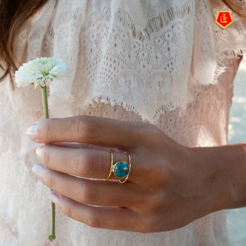 [Ready Stock]Women's New 18K Gold Exaggerated round Large Turquoise Ring