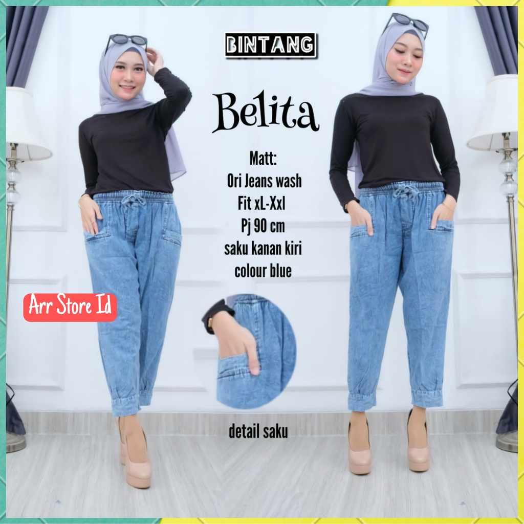 Belita Celana Baggy Bagy Pants Jeans Panjang Wanita Jumbo HightWaist Kekinian Premium Pinggang Karet Lp 80-115 P 90 Allsize