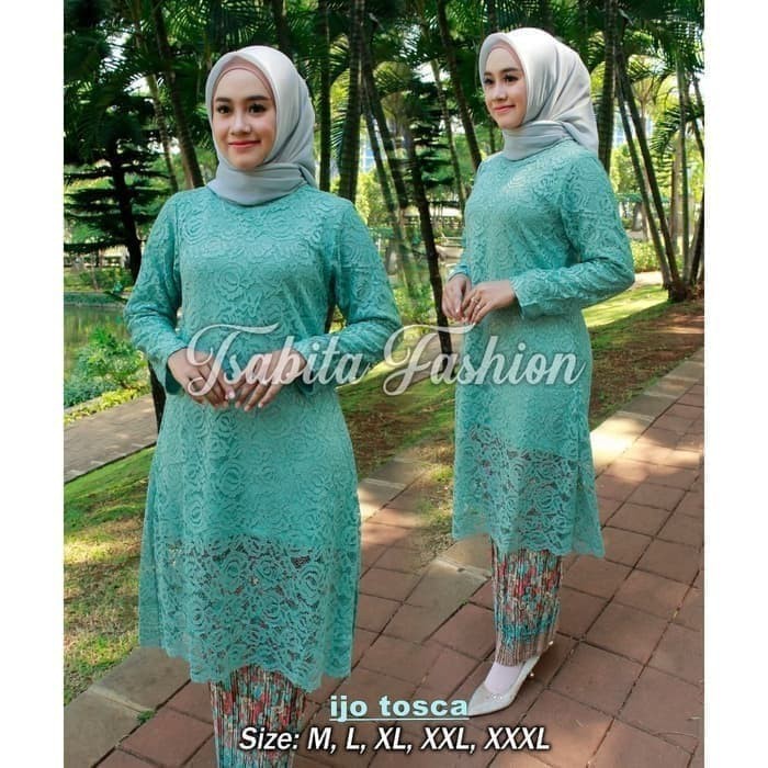 Stelan Kebaya Modern Tunik Brukat Hijau Tosca