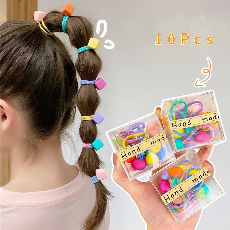 10pcs / Set Ikat Rambut Karet Elastis Motif Kartun Gaya Korea Untuk Anak Perempuan