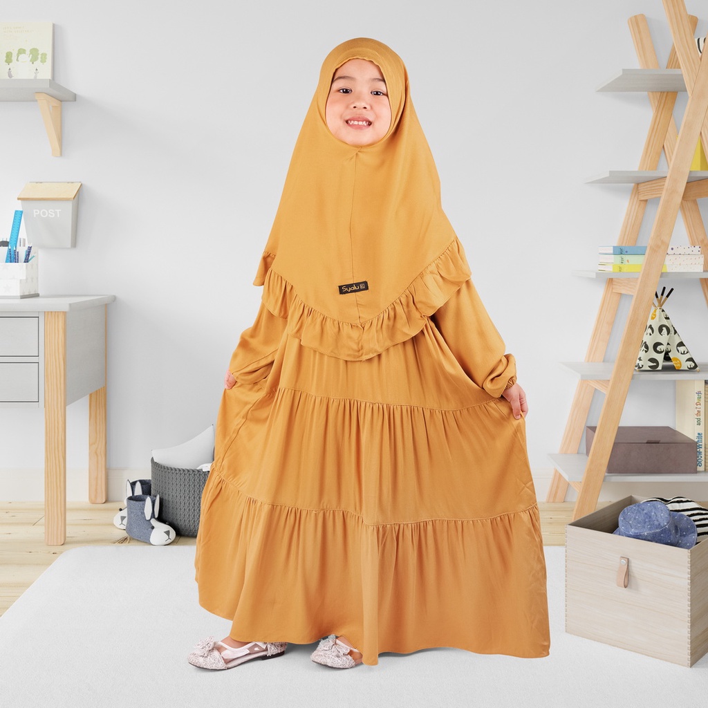 Set Gamis Rayya Ruffle Usia 1 2 Tahun Bahan Rayon Twill Terbaru Mustard