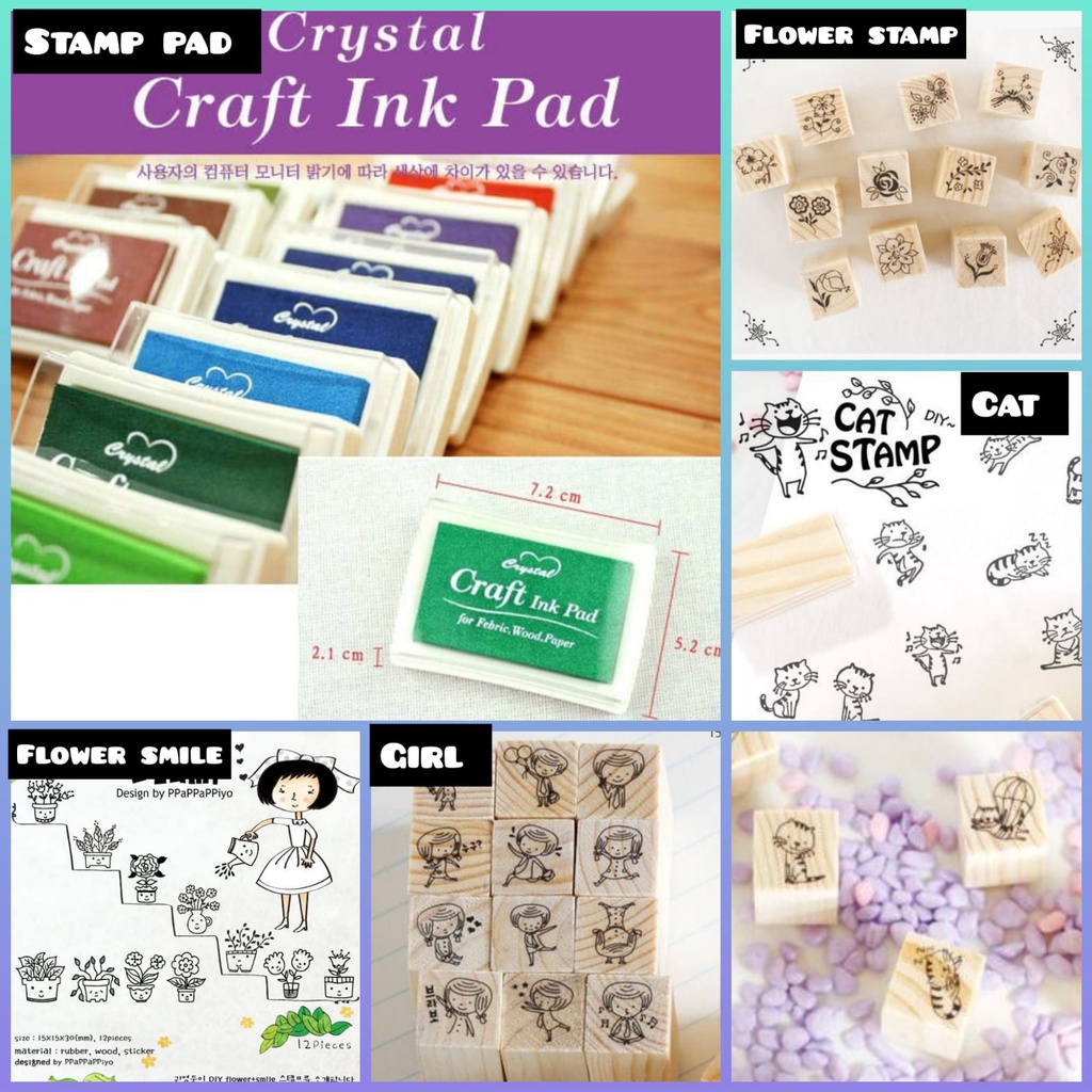 Stempel Cap Stamp Setempel Kayu Wood Korean korea  Karakter Cute Mini Mungil Lucu korean korea Untuk Buku Diary Diari Kekinian Motif Kucing Bunga