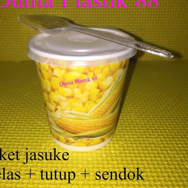 ╥% @50SET PAKET JASUKE gelas kertas paper cup 6,5oz+ tutup +sendok jagung ╥