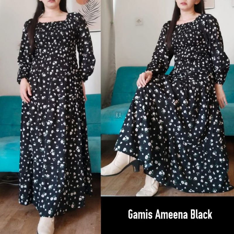 Daster Panjang Serut Dada Rayon Adem Longdress Cantik Bunga Sakura Natasha-ameena black