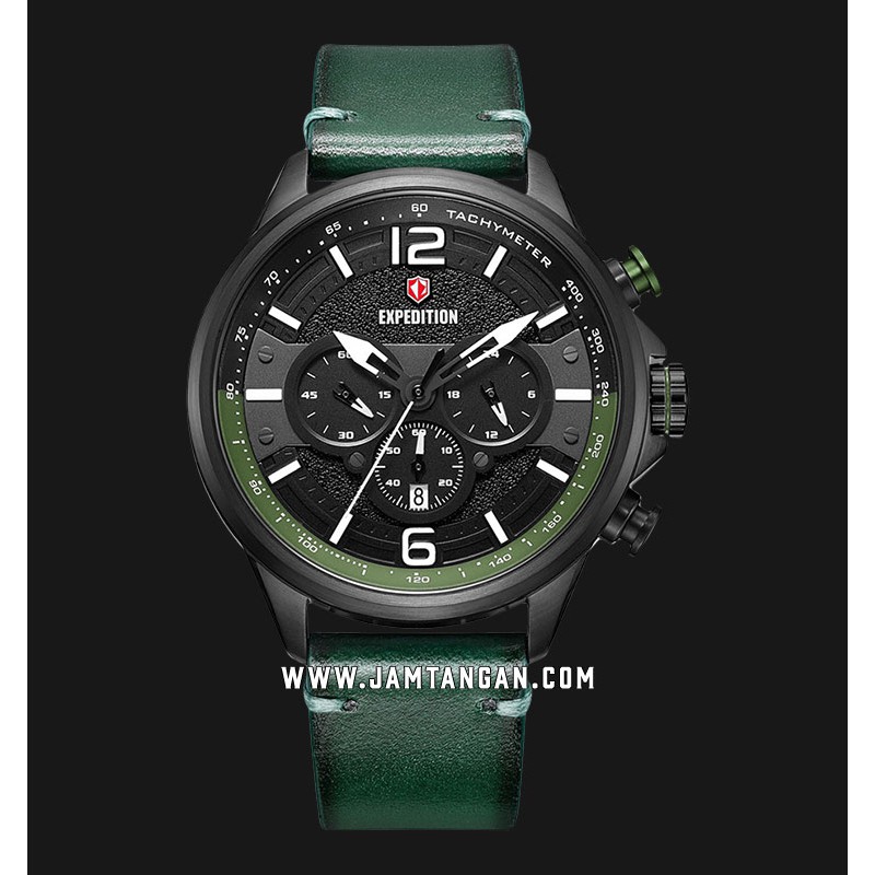 Expedition E 6796 MC LIPBAGN Chronograph Men Black Dial Green Leather Strap