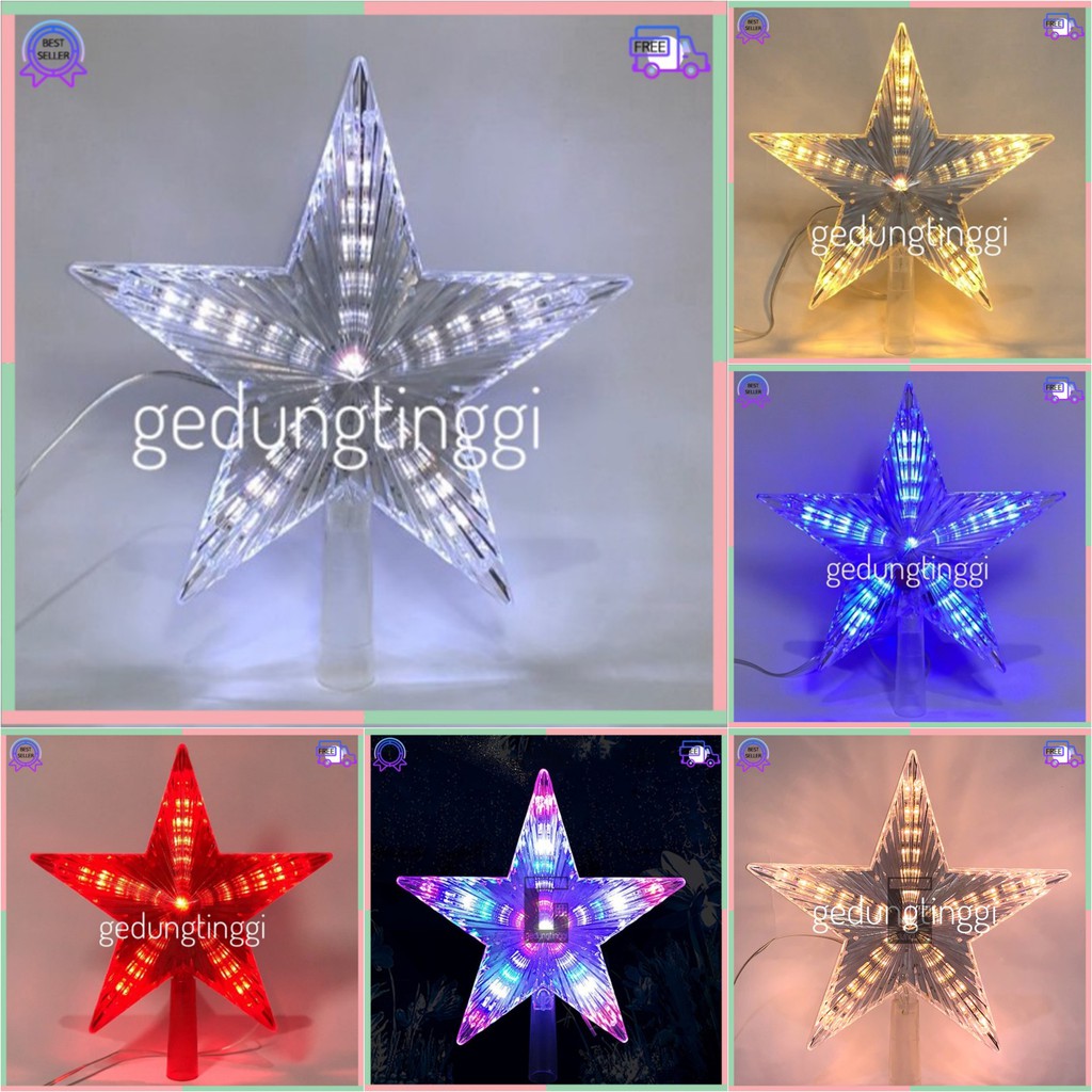 Lampu Natal Bintang Hiasan Dekorasi Topper Hias Pohon Christmas Tree Light Lights Led Decoration Decor Ornament Warna Warni Warm White Kuning Pink RGB Biru Ribbon Lamp Musik Diy Baterai Selang Tumblr Tirai Kawat Rusa Salju Pintu Dinding Rumah Gereja 2023