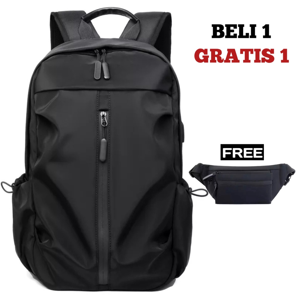 BUY 1 GET 1 - Tas Ransel Pria Beli Ransel Punggung Backpack Cowok Free Waistbag