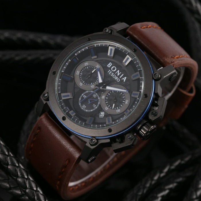 Jam Tangan Pria / Cowok Bonia Chrono Sk7255 Leather Dark Brown Blue