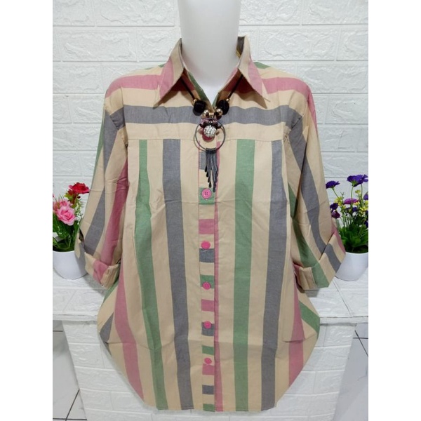 Kemeja wanita atasan motif salur bahan katun KM039A-Motif D