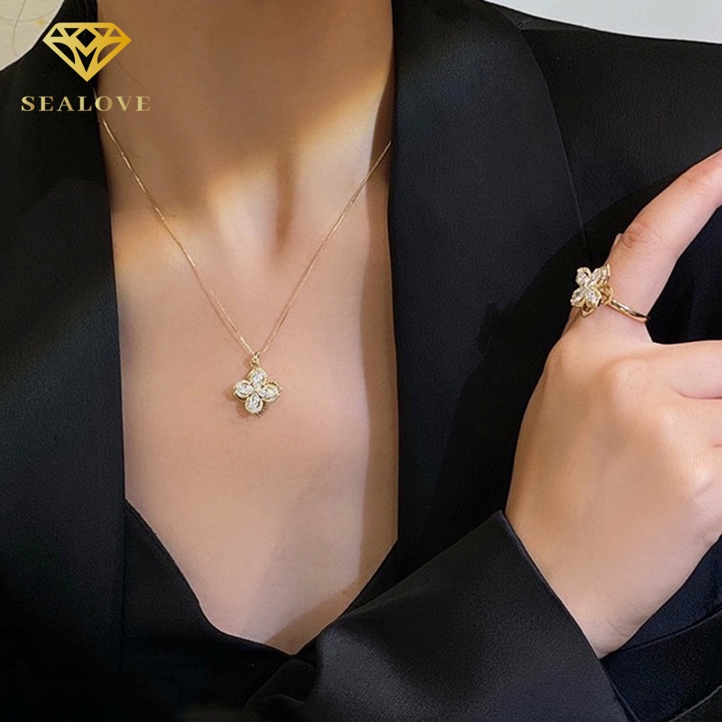 SEALOVE LUXURY CLOVER NECKLACE kalung titanium wanita anti karat berlian mewah Empat daun semanggi liontin Perhiasan Aksesoris