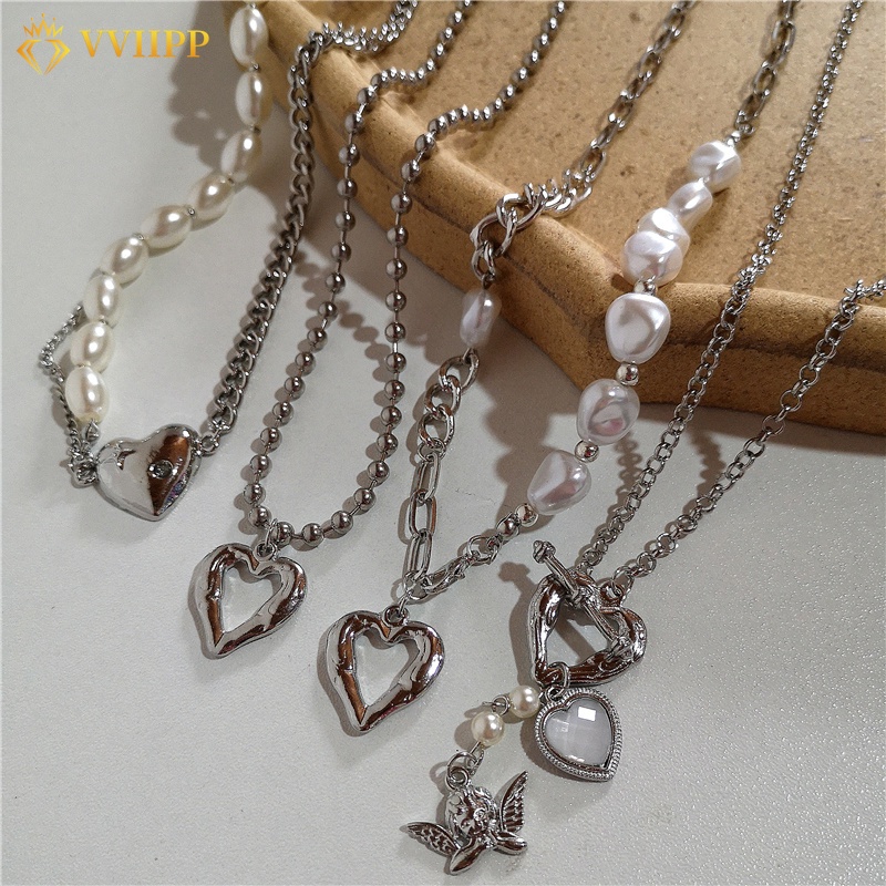 Fashion Hollow Out Love Pendant Women's Accessories Semi Pearl Semi Alloy Chain Personalized Simple Silver Necklace Geometric Lock Choker