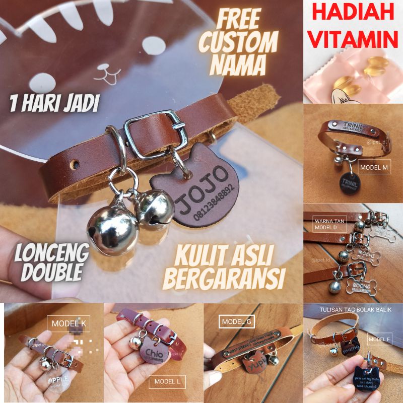 KALUNG KUCING NAMA CUSTOM KULIT  PLUS LONCENG iPet