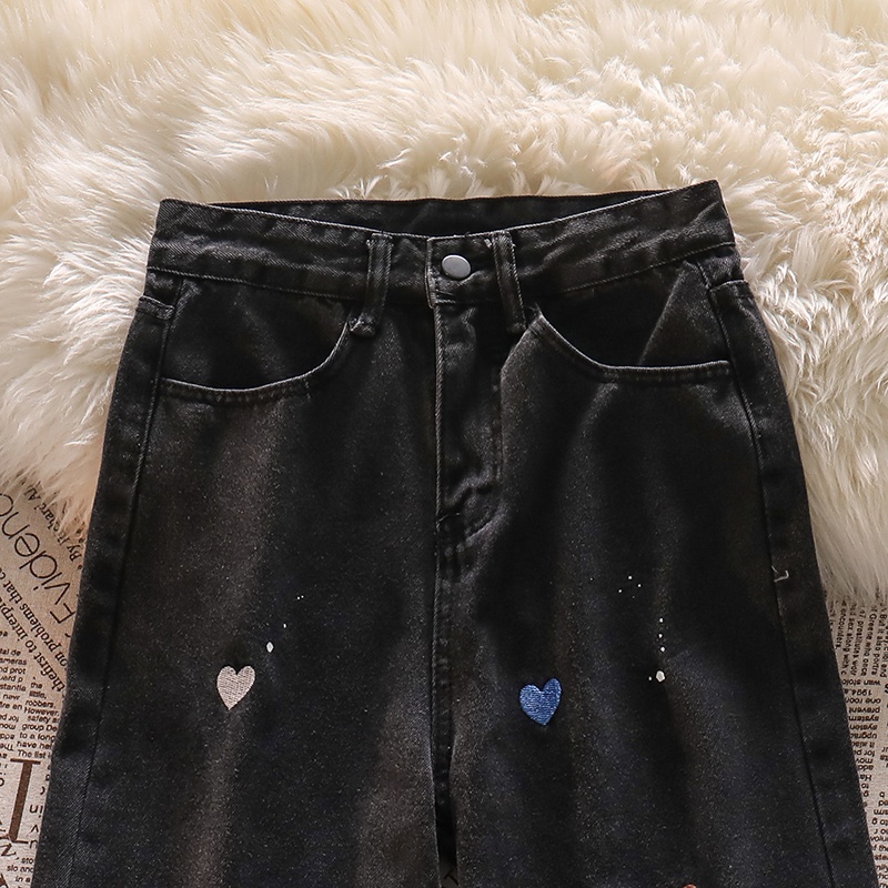 New hitam love embroidery high waist celana jeans panjang wanita