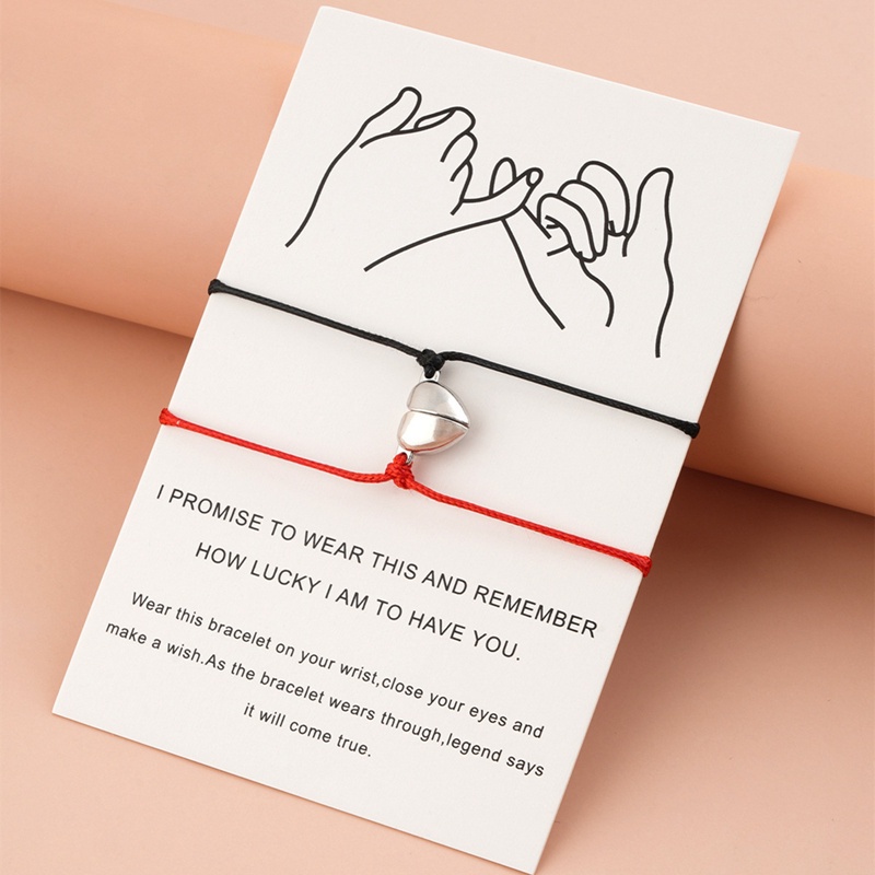 Fancyqube 2pcs / Set Gelang Tali Magnetik Adjustable Bentuk Hati Warna Hitam Merah Untuk Pria Dan Wanita