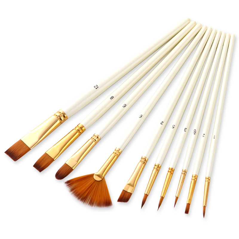 10Pcs/set Professional Nylon Hair Paint Brush Watercolor Acrylic Wooden Handle Painting Brushes Art Supplies