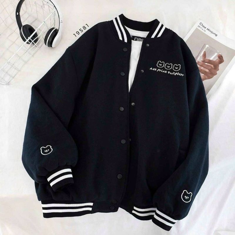 Xxl Bordier Jaket  Baseball Oversize Wanita Net Print | Sweater Jacket Varsity Wanita Oversize Korean Style