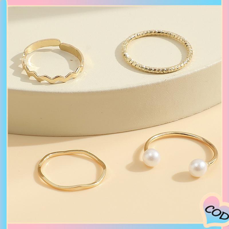 COD❤️ 4 Pcs/set Korea Cincin Emas Untuk Wanita Sederhana Mutiara Elegan Cincin Set Dapat Disesuaikan Terbuka Perhiasan Hadiah-A.one