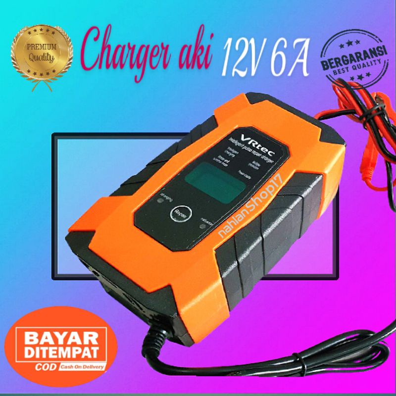 VRTEC CHARGER AKI ACCU MOBIL MOTOR 12V 6A ORANGE PULSE REPAIR AUTOMATIC CARGER AKI CAS AKI CAS ACCU