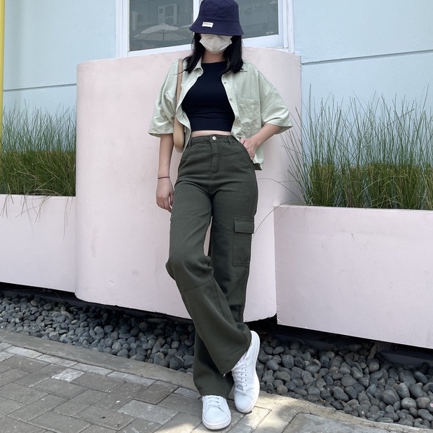 DEMORIN - Celana Panjang Cargo Jeans Highwaist Bawahan Wanita Korean Army - X5007