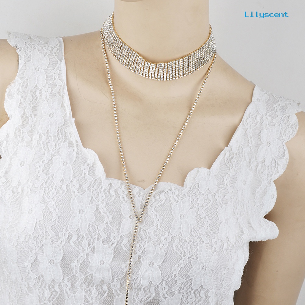 Kalung Choker Rantai Berlian Imitasi Multilayer Untuk Wanita