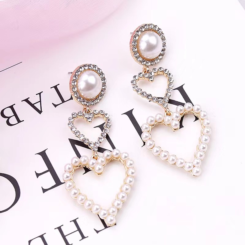 Anting Panjang Desain Hati Ganda Aksen Mutiara Berlian Gaya Korea