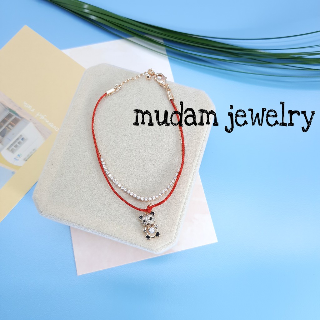 Gelang Tali Merah dan Serut Model Tali Teddy Bear Dengan Mata Zirkon Baris Plated 18K