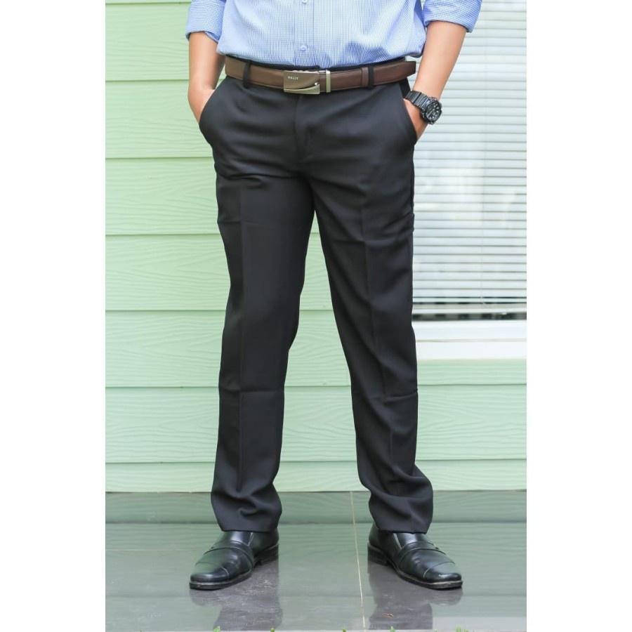 Lesta Langgeng Celana Formal Pria Panjang Slimfit Bahan Kain Gabardine Warna Hitam