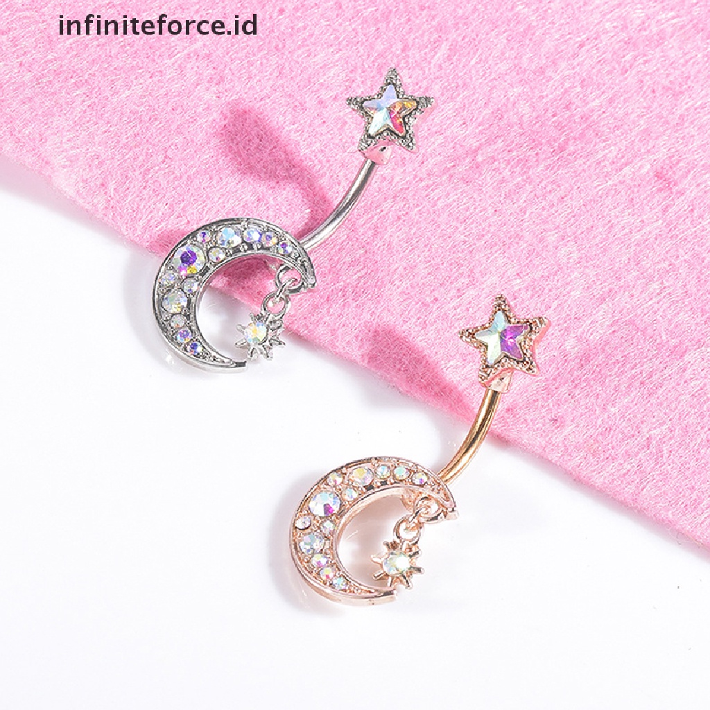 Infiniteforce.id Cincin Tindik Pusar Desain Bulan Bintang Hias Kristal