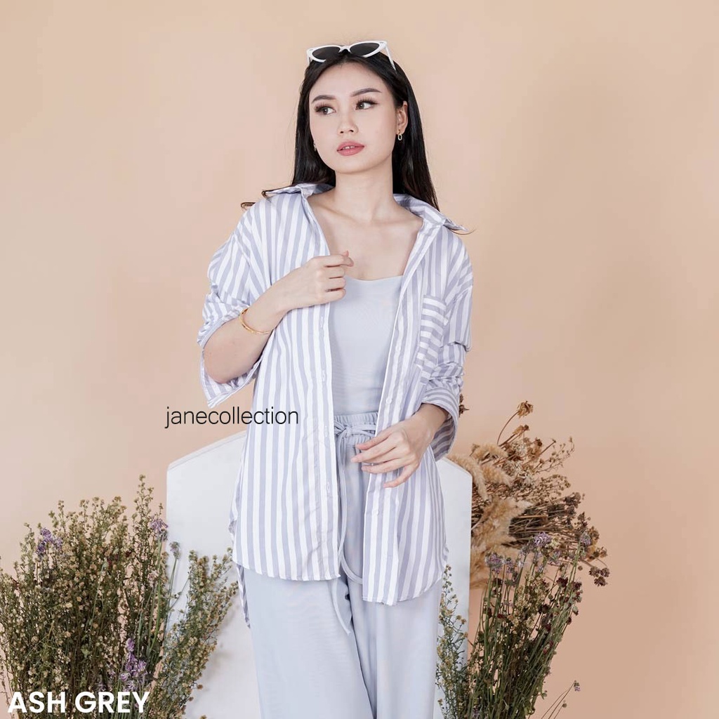 JANE COLLECTION || Kemeja Wanita Oversize Lengan Panjang Kemeja Jumbo Salur Garis Katun Nabila Oversized Shirt Cotton XXXL