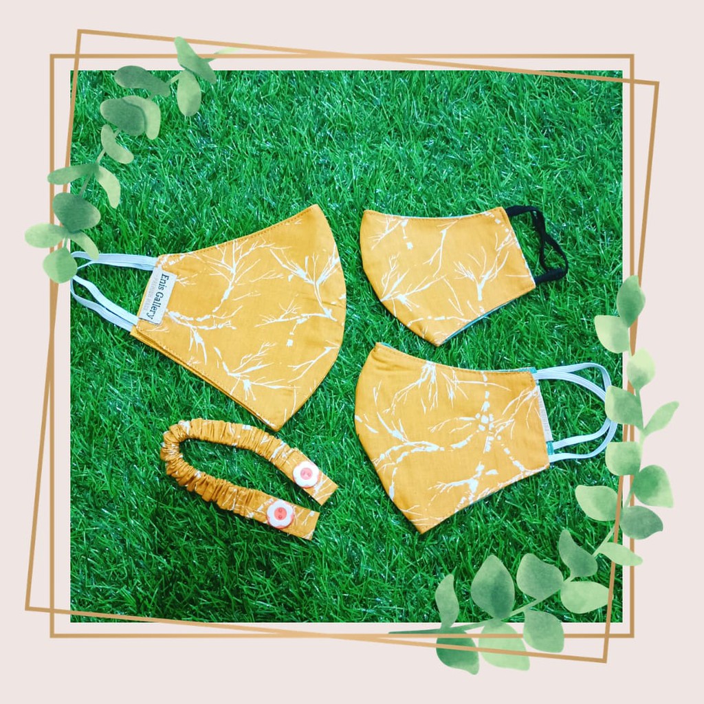 MASKER KAIN COUPLE - MOTIF ABSTRAK KUNING PUTIH, FREE CONNECTOR