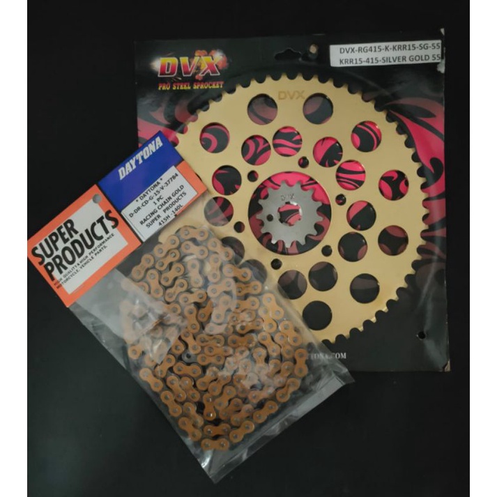 GEAR SET 415 DVX RACING NINJA150 415-15T-55T- RANTE RACING 415-140L GOLD PAINT SOLID BUSHING