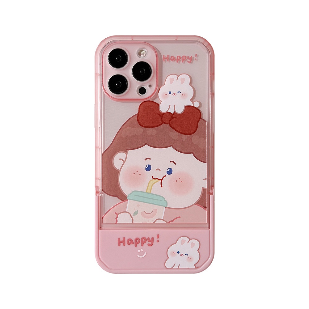 Case Pelindung Transparan Motif Gadis Pink Dengan Holder Untuk Iphone 11 8 7 Plus SE2 XS XR 12 13 PRO MAX