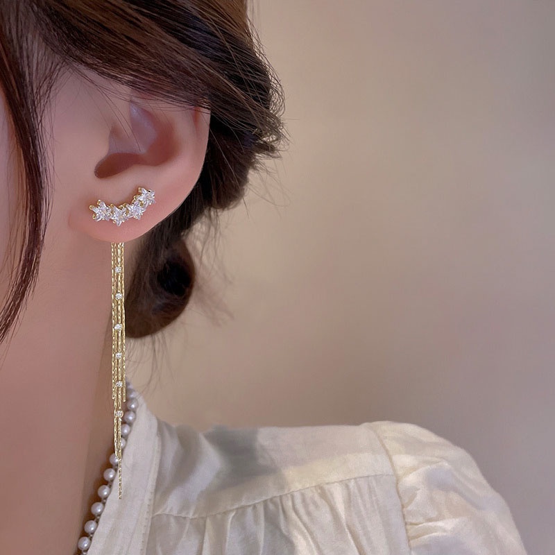 Anting Tusuk Gantung Panjang Bahan Sterling silver 925 Desain Bintang Hias Zircon Gaya Mewah Untuk Wanita