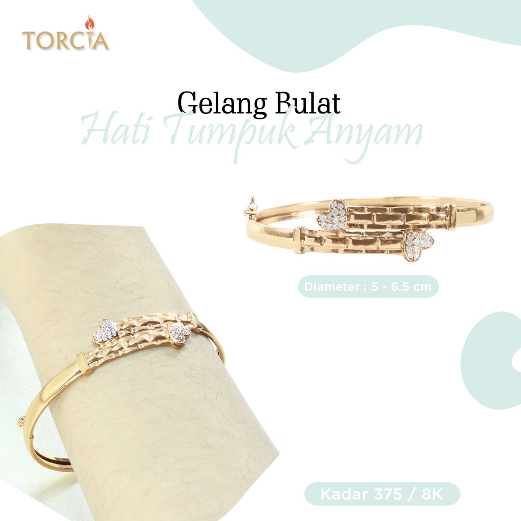 Gelang Bulat Emas Asli Hati Tumpuk Anyam Kadar 375 Torcia