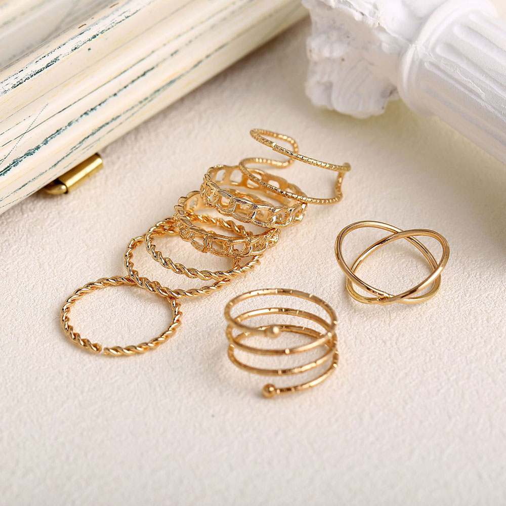 Needway  Female Punk Twisted Vintage Gold Sliver Color Finger Rings Set