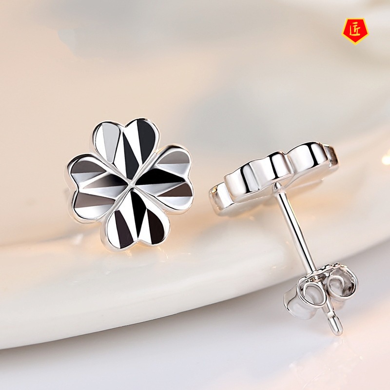 [Ready Stock]Silver Simple Lucky Four Leaf Clover Stud Earrings