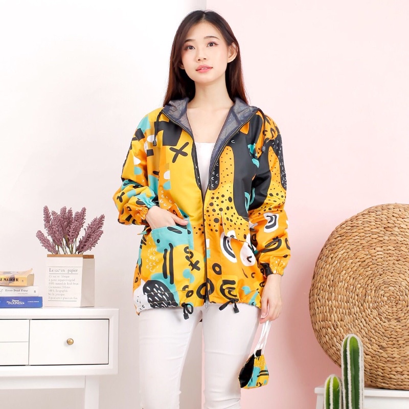 JAKET PARASUT PRINTING WANITA ANTI AIR WATERPROOF free masker OLAHRAGA SEPEDA-yellow art