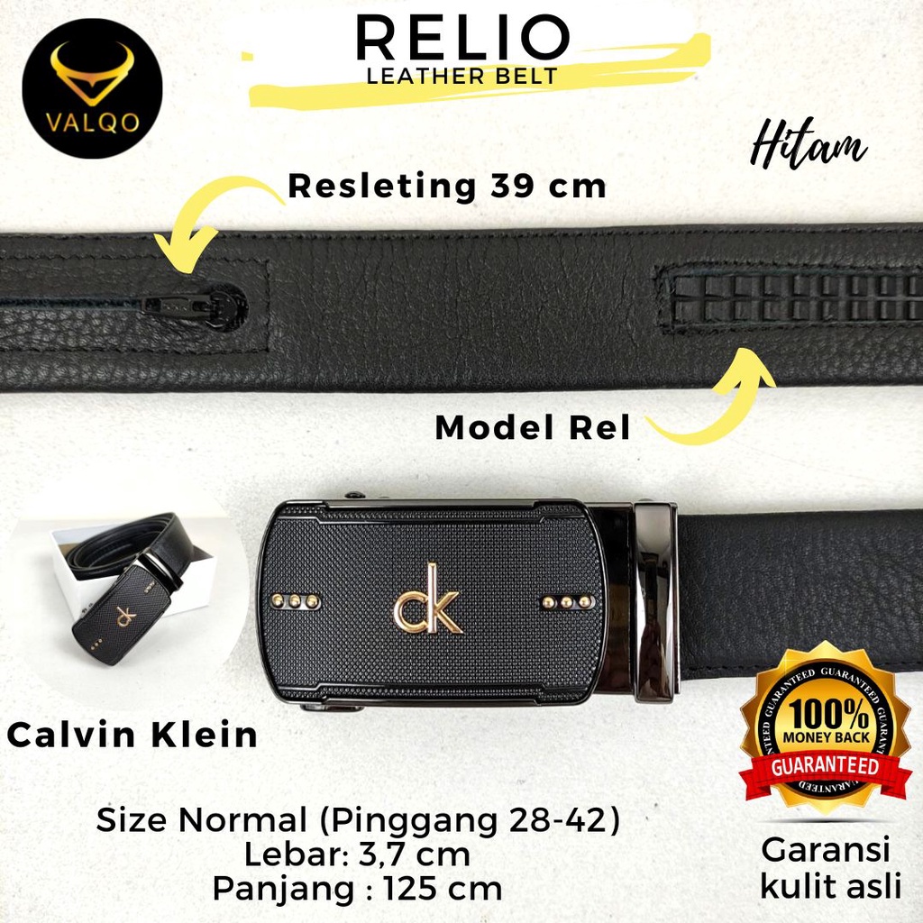 [VALQO] RELIO Resleting 125 CM Hitam Ikat Pinggang kulit sapi Rel Sabuk Cowok Pria Ukuran Standar Normal