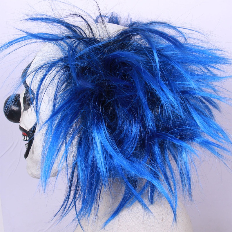 Topeng Badut Tersenyum Rambut Biru Bahan Latex Untuk Properti Halloween