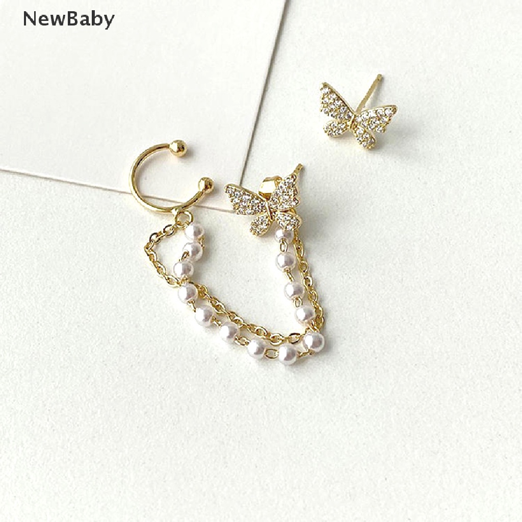 NewBaby Korean Elegant Rhinestone Butterfly Stud Earring With Metal Chain For Women Girl ID