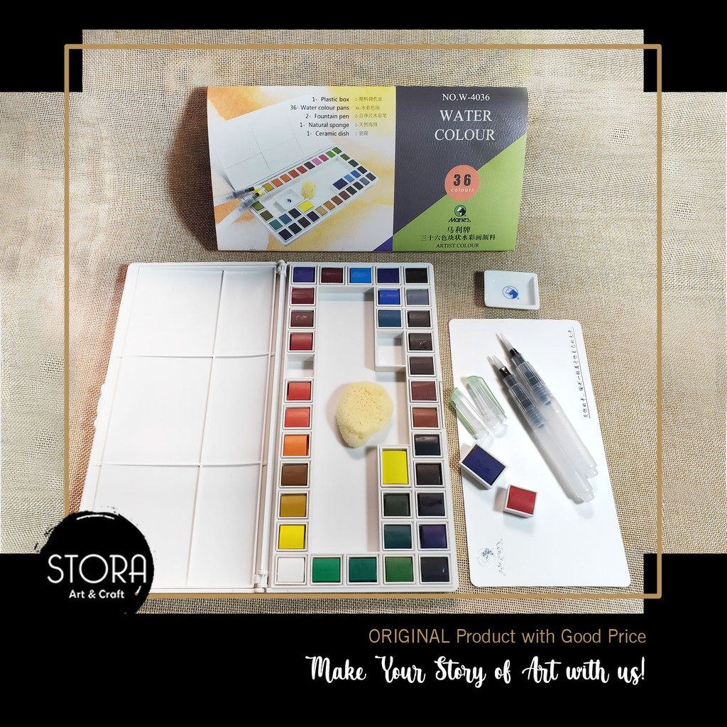 

Maries Solid Watercolor set 36 warna /water colour Pocket Cat Air Palette Waterbrush Portabel Travel